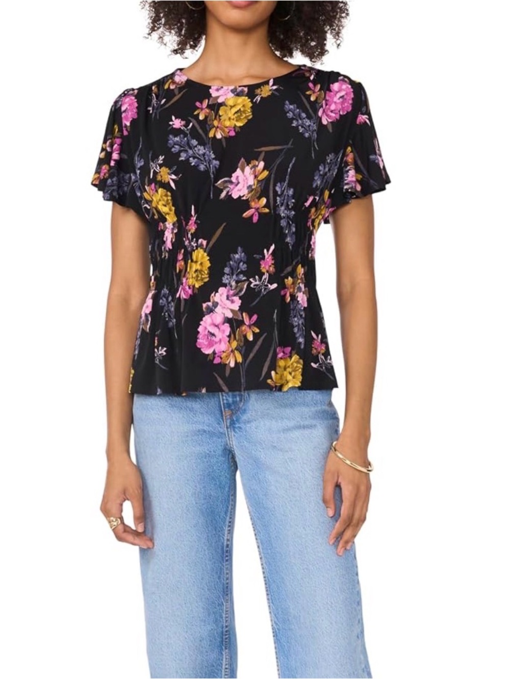 Vince Camuto Short Sleeve Smocked Waist Panel Printed TEE Size M